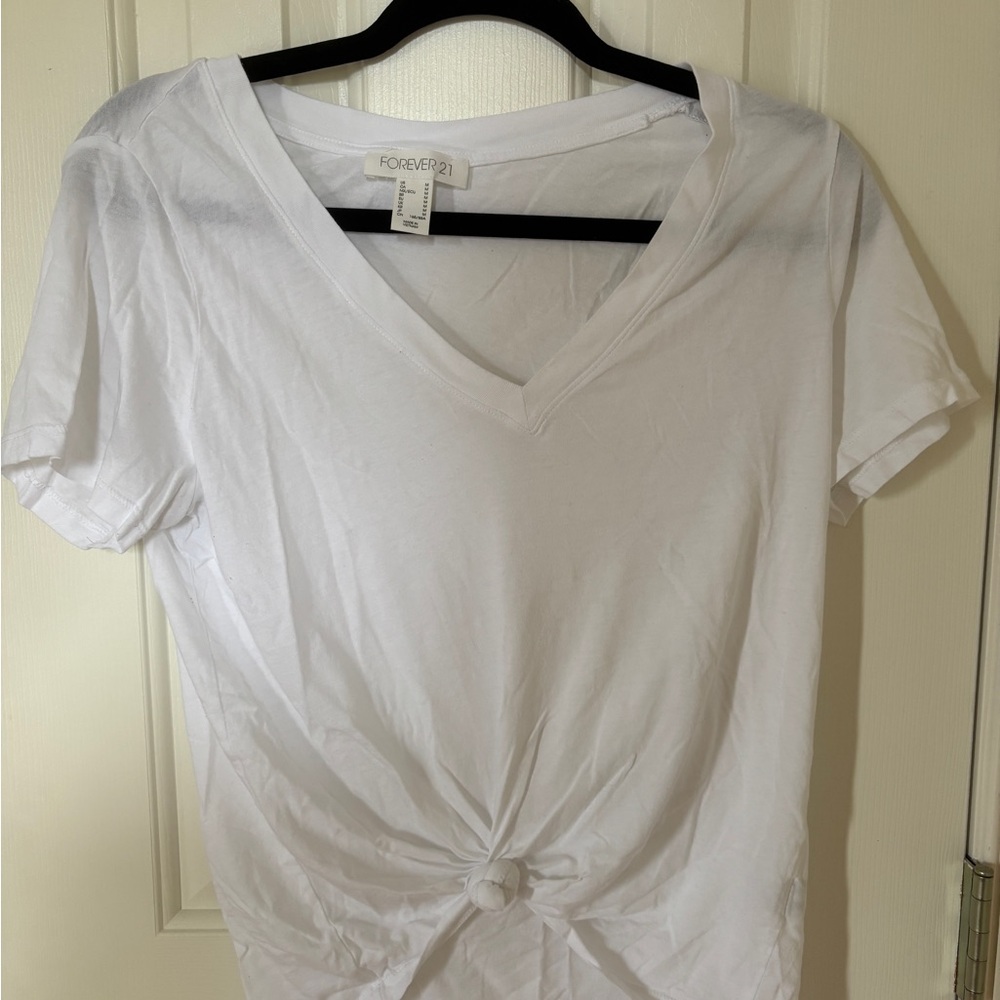 Forever 21 White Tie Front Short Sleeve T-Shirt